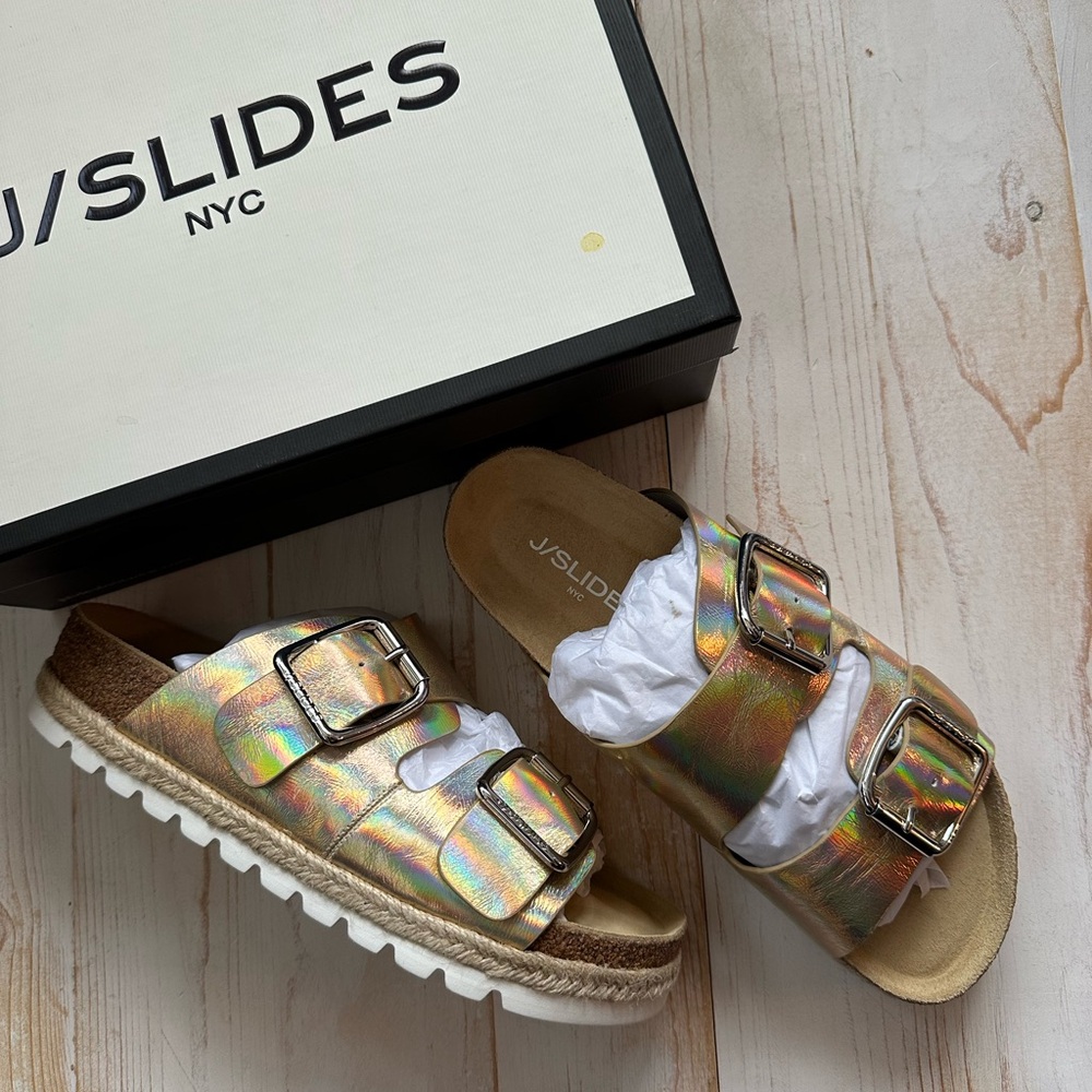 J/SLIDES Gold Metallic Leather Sandals 
New in box